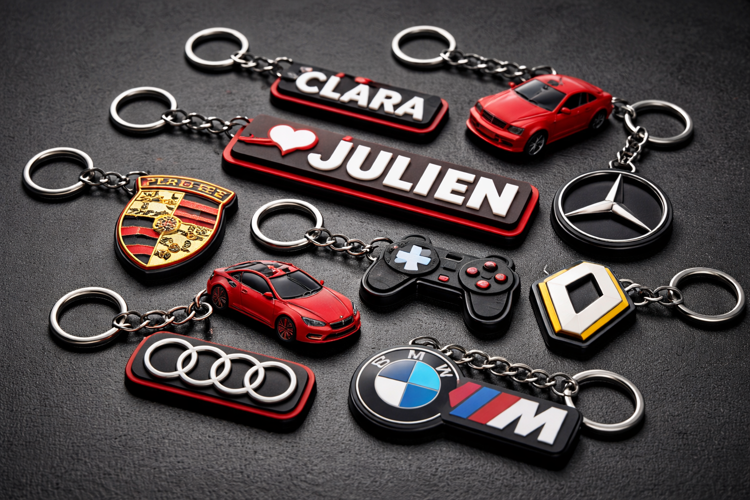 Porte-clés personnalisés (logo, texte, véhicule)